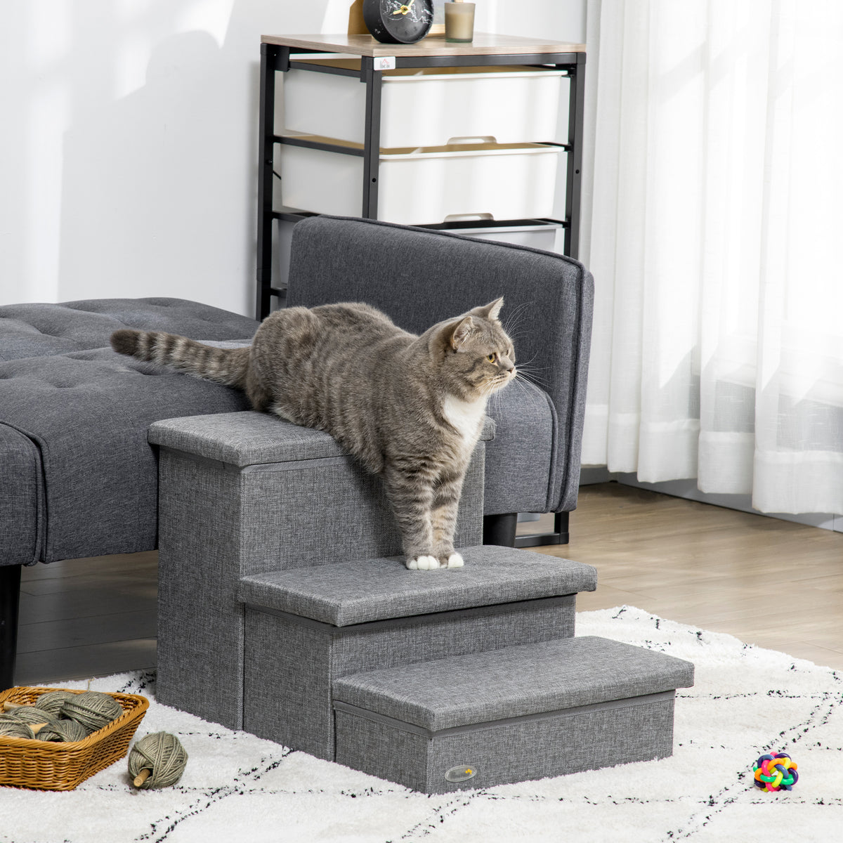 PawHut Three-Step Pet Stairs with Storage – Grey – product view 2