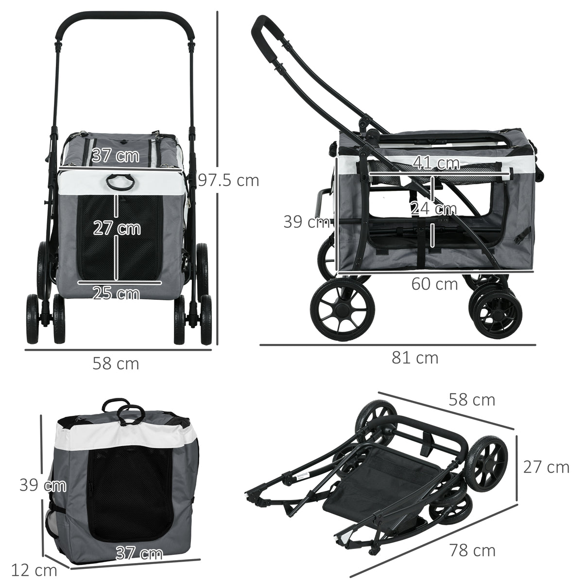 PawHut Dog Stroller with Detachable Carrier – Grey – product view 3