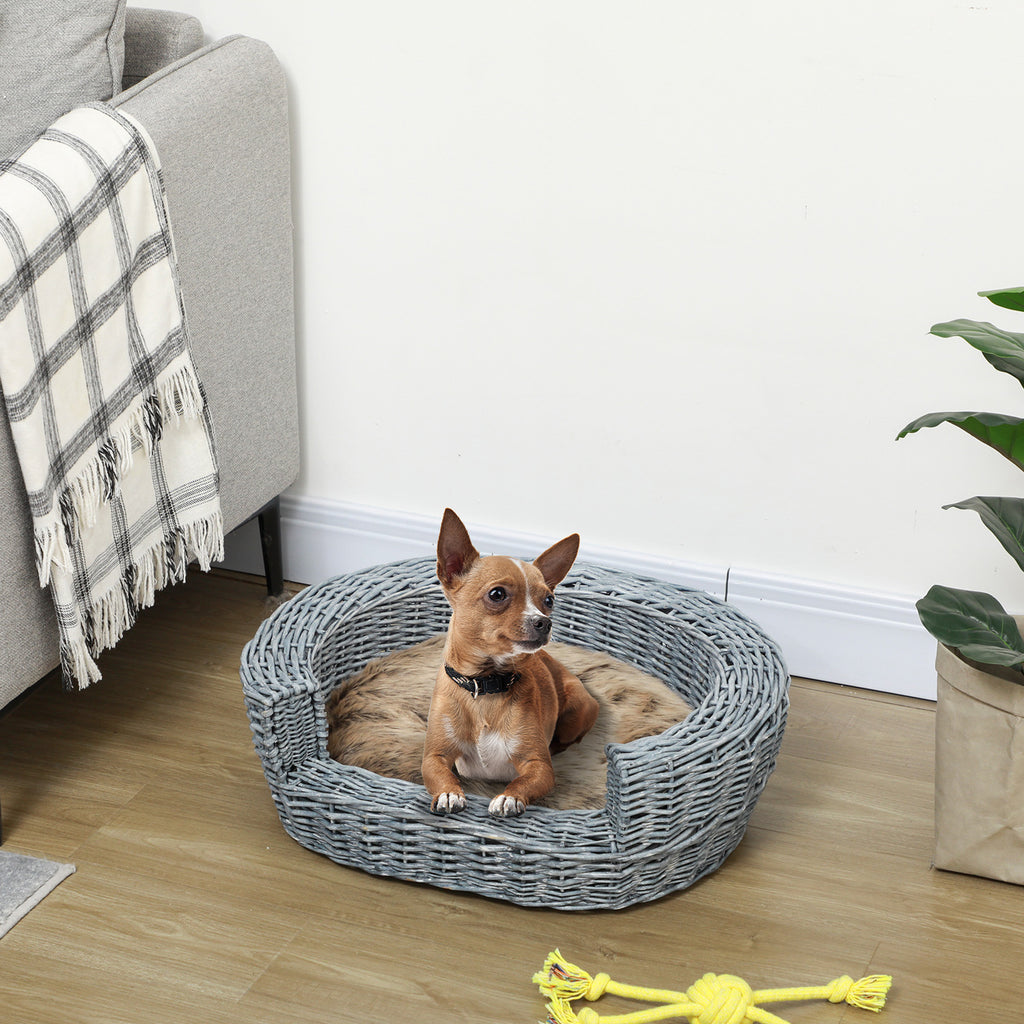 PawHut Wicker Pet Basket with Cushion – Grey – product view 2