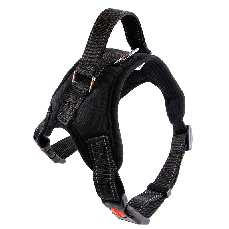 Black dog harness with a top handle and metal ring