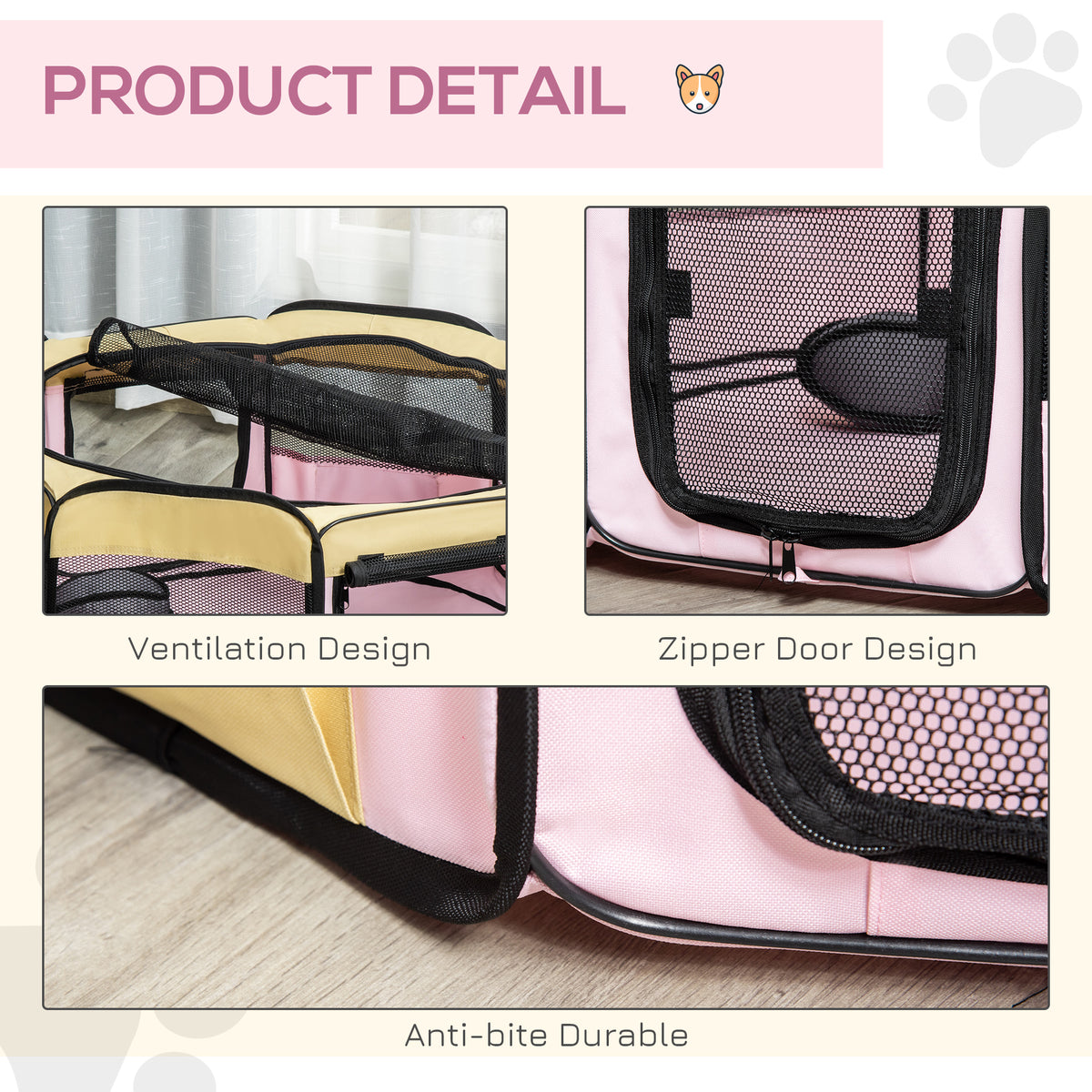 PawHut Folding Fabric Pet Playpen – Pink, 90cm – product view 5
