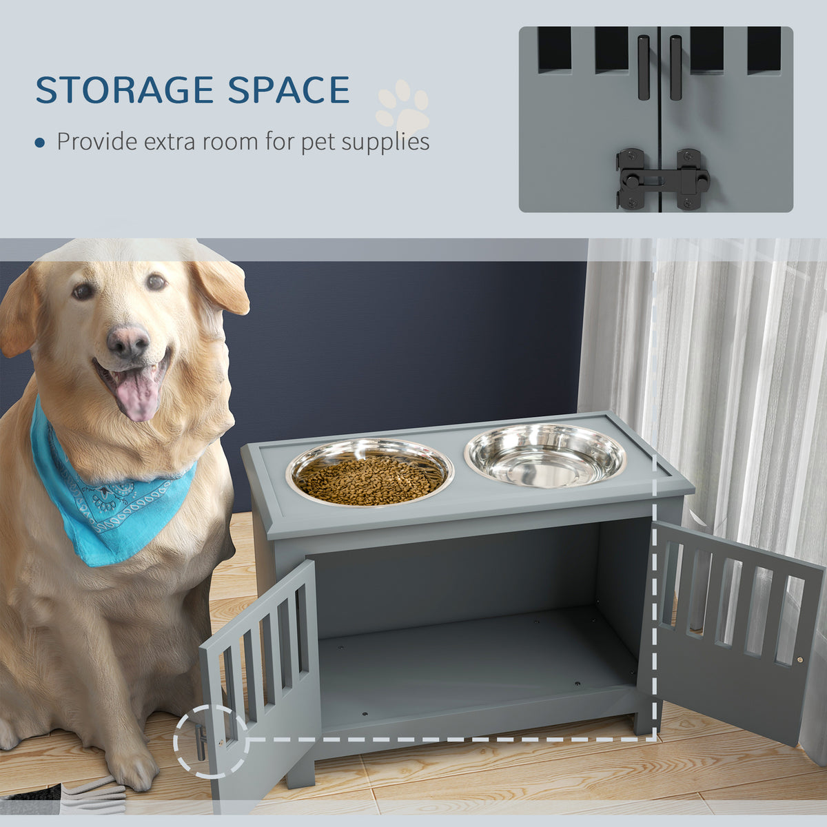 PawHut Twin Dog Bowl Storage Feeder – Grey – product view 5