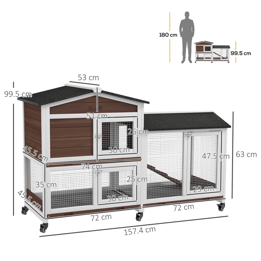 PawHut Wheeled Rabbit Hutch with Side Run – 157cm – product view 3