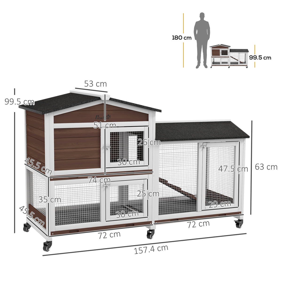 PawHut Wheeled Rabbit Hutch with Side Run – 157cm – product view 3