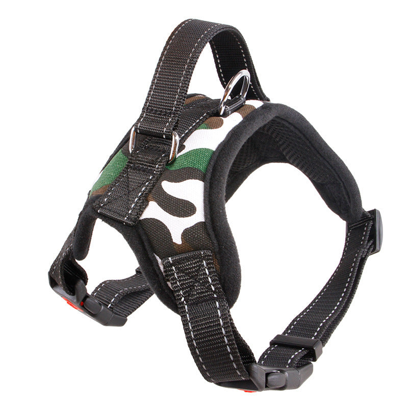 Green camouflage dog harness with a top handle