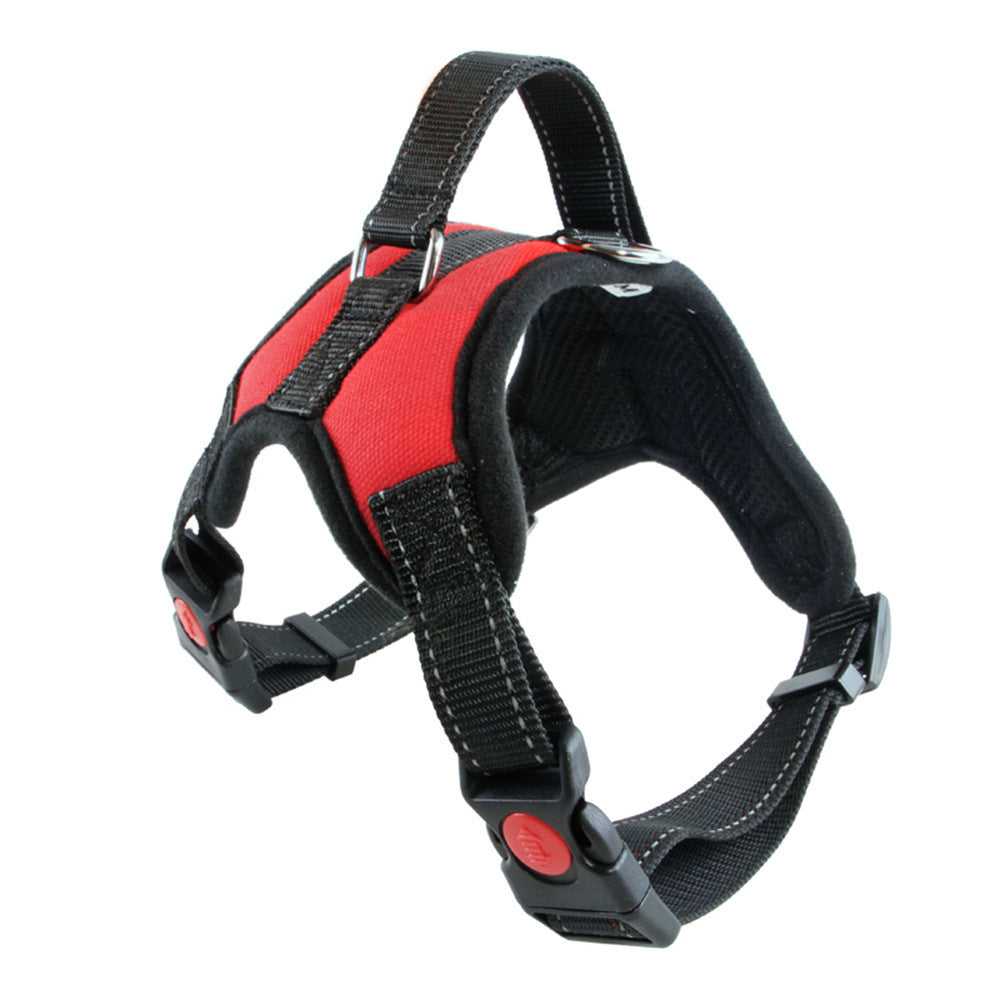Red and black dog harness with a top handle