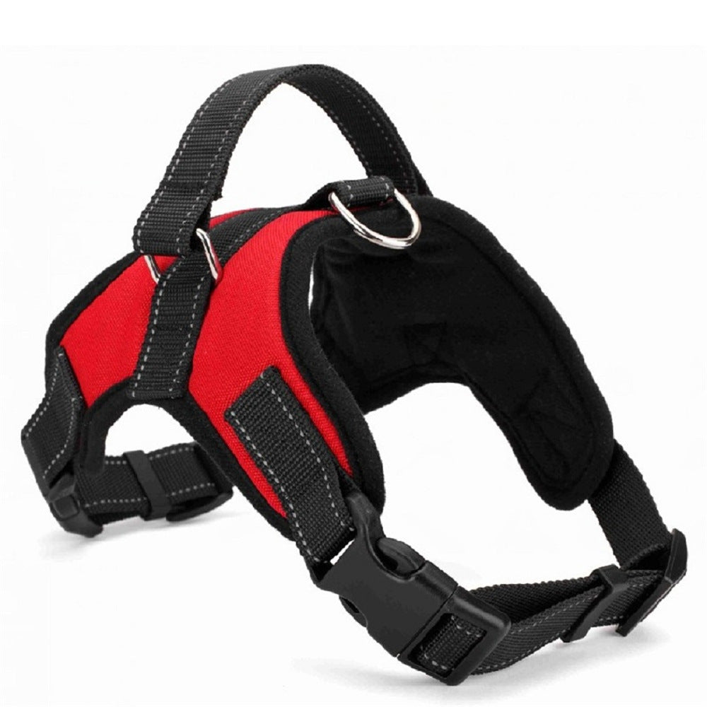 Red and black nylon dog harness, side view