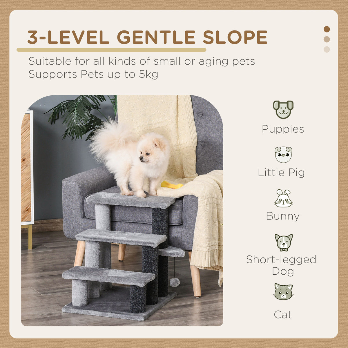 PawHut Three-Step Cat Ladder with Scratch Posts – product view 4