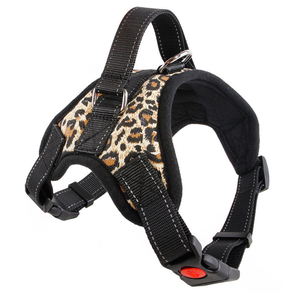 Leopard-print dog harness with a top handle