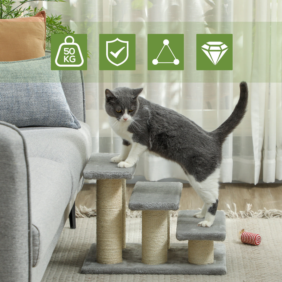 PawHut Three-Step Plush Pet Ladder – Grey – product view 4