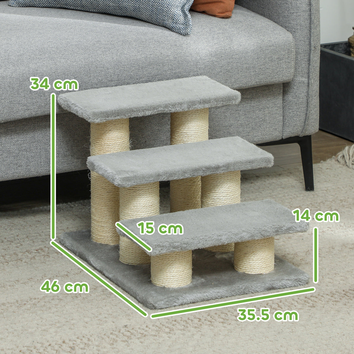 PawHut Three-Step Plush Pet Ladder – Grey – product view 3