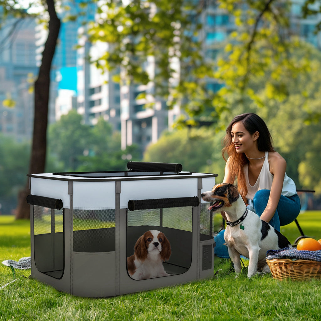 PawHut Folding Mesh Pet Playpen – Grey – product view 2