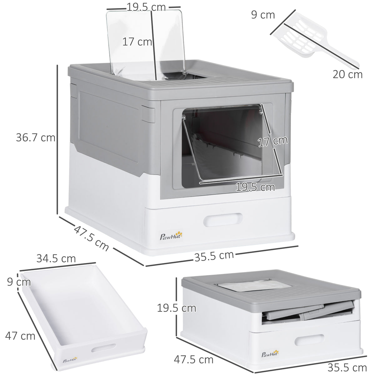 PawHut Hooded Cat Litter Box & Scoop – Grey – product view 3