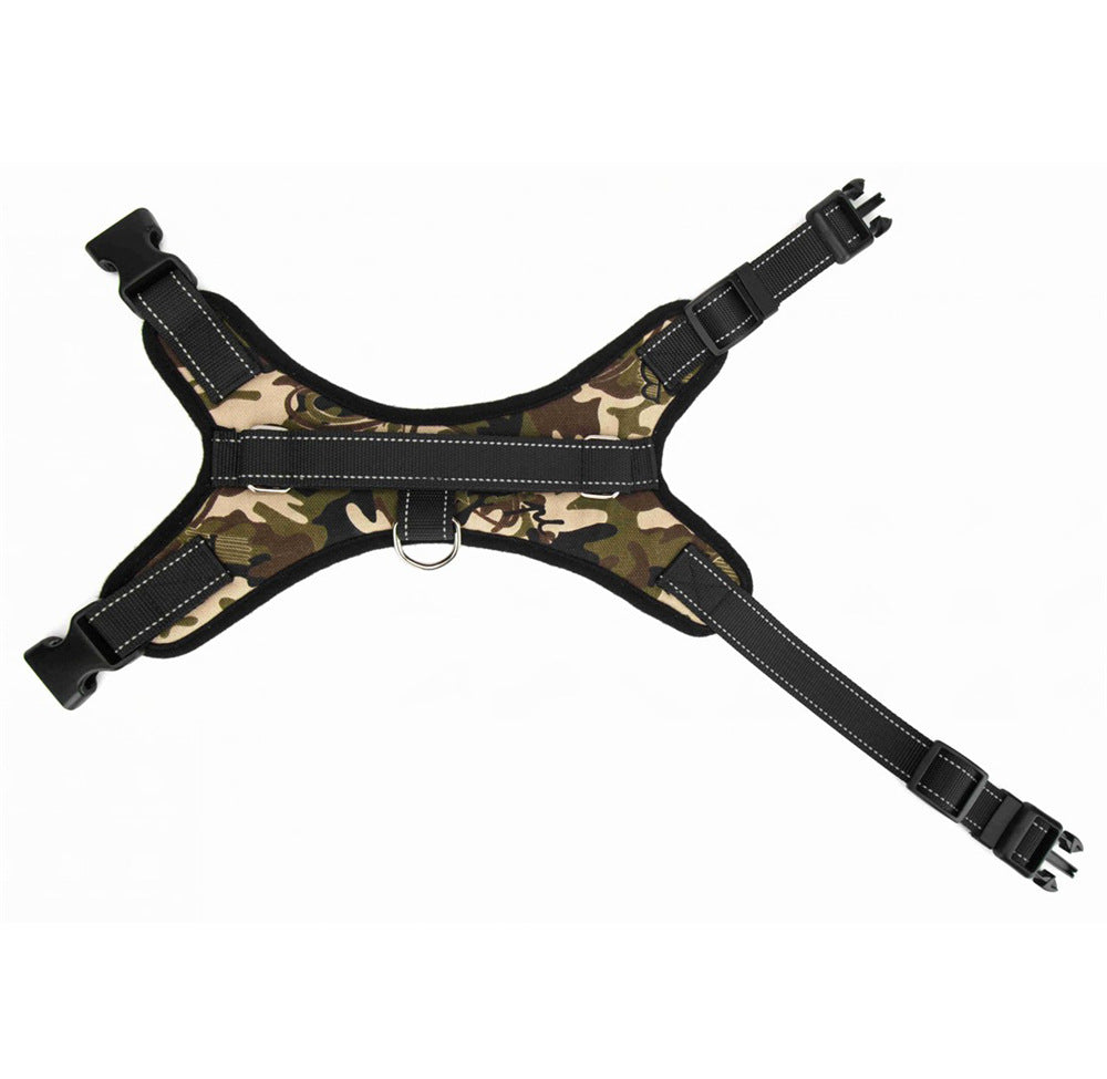 Camouflage dog harness laid flat with straps extended