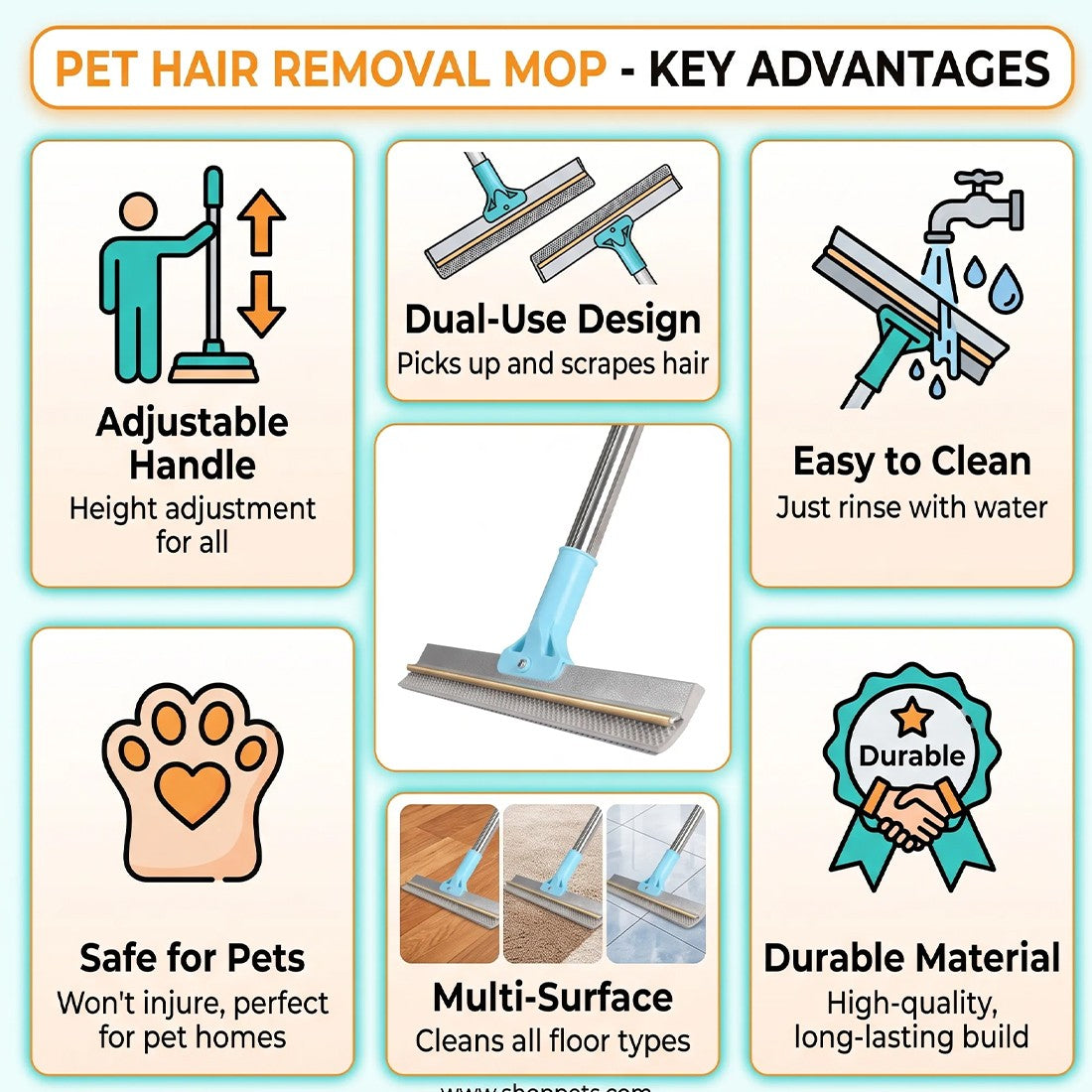 Pet Hair Rubber Broom with Adjustable Handle – product view 2