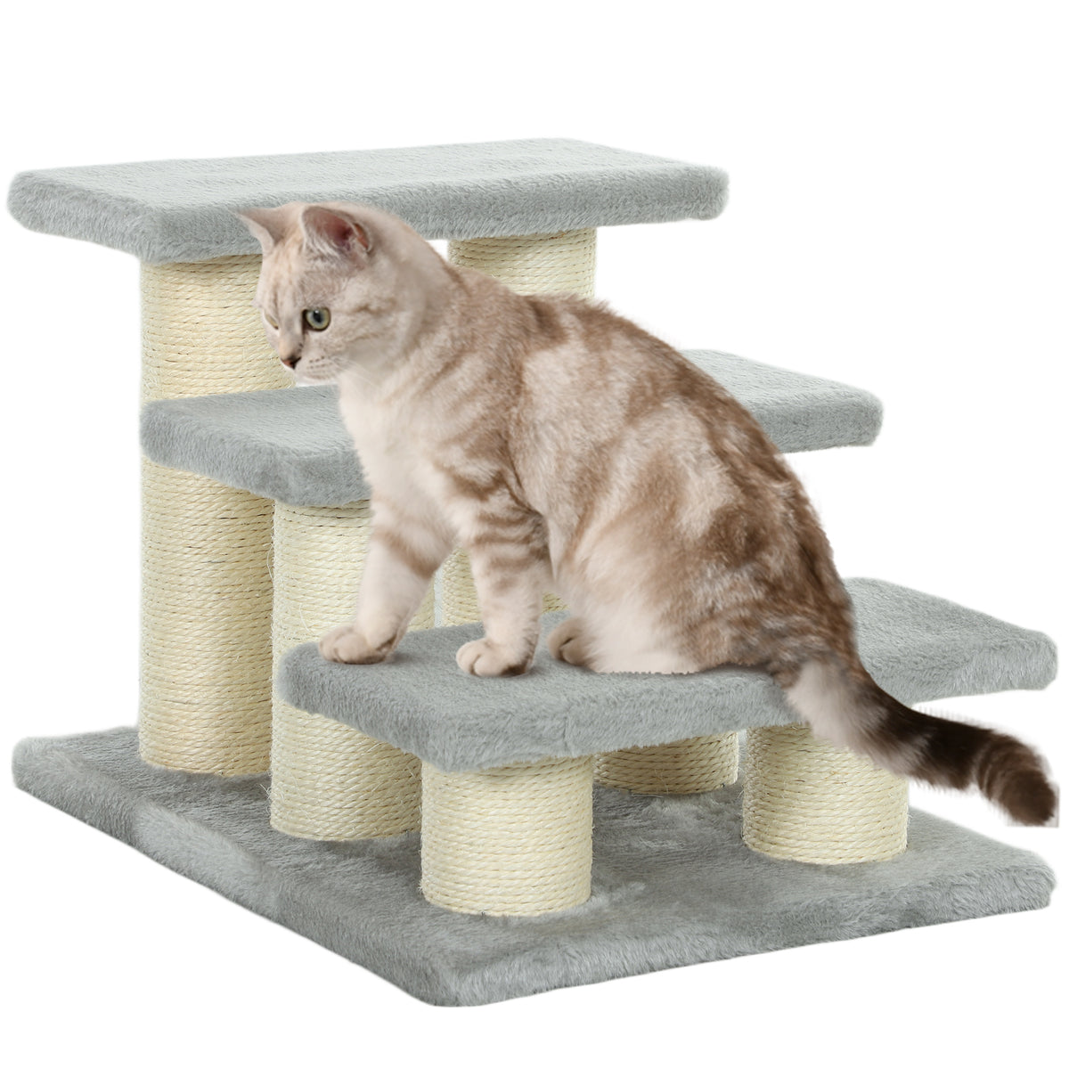 PawHut Three-Step Plush Pet Ladder – Grey – product view 1