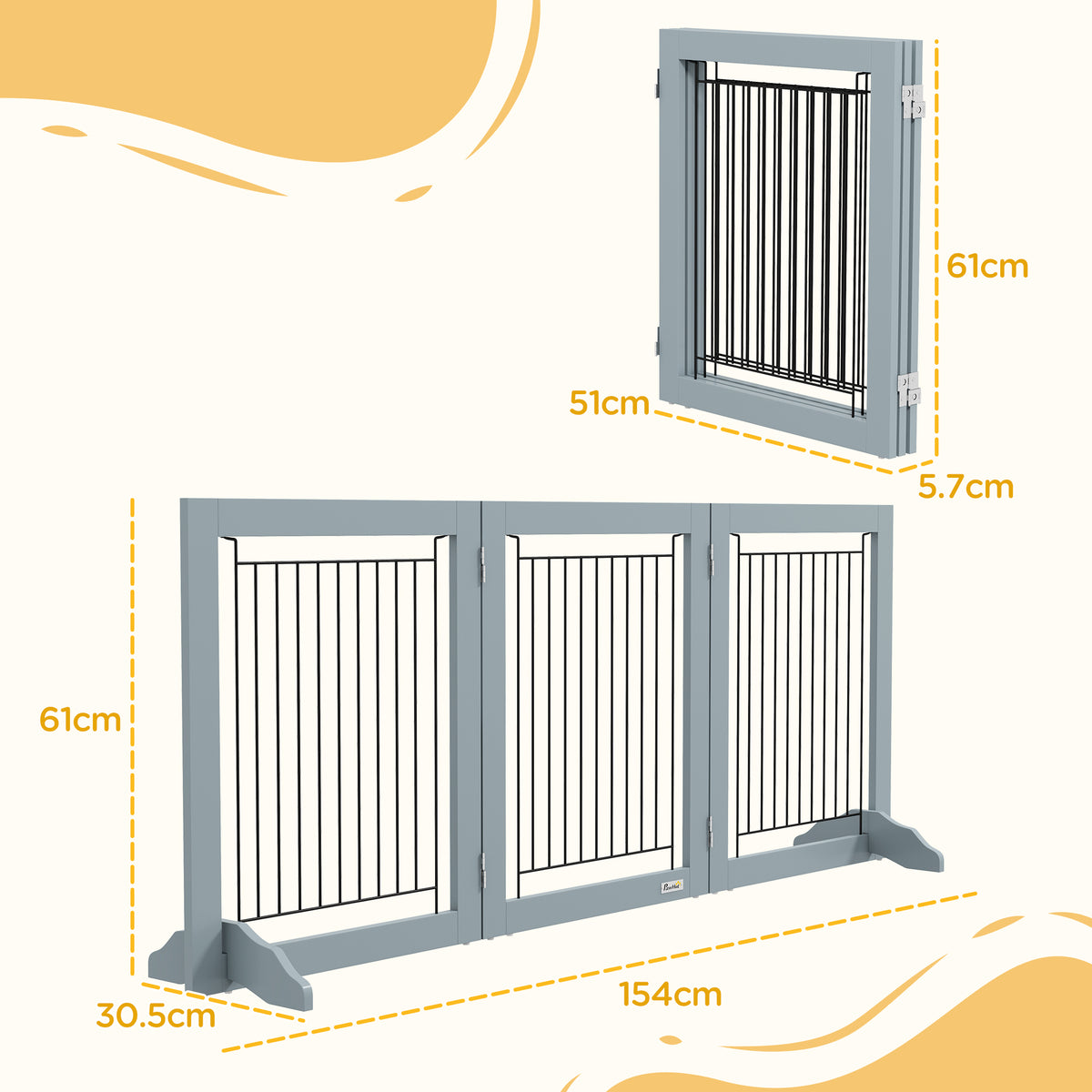 PawHut Three-Panel Folding Dog Gate – Grey – product view 3