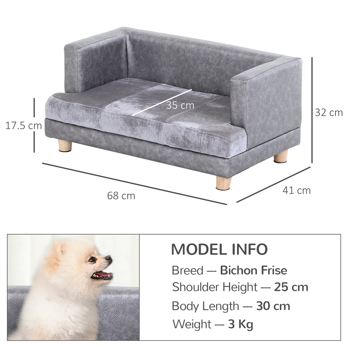 PawHut PU Pet Sofa with Padded Seat – Grey – product view 3