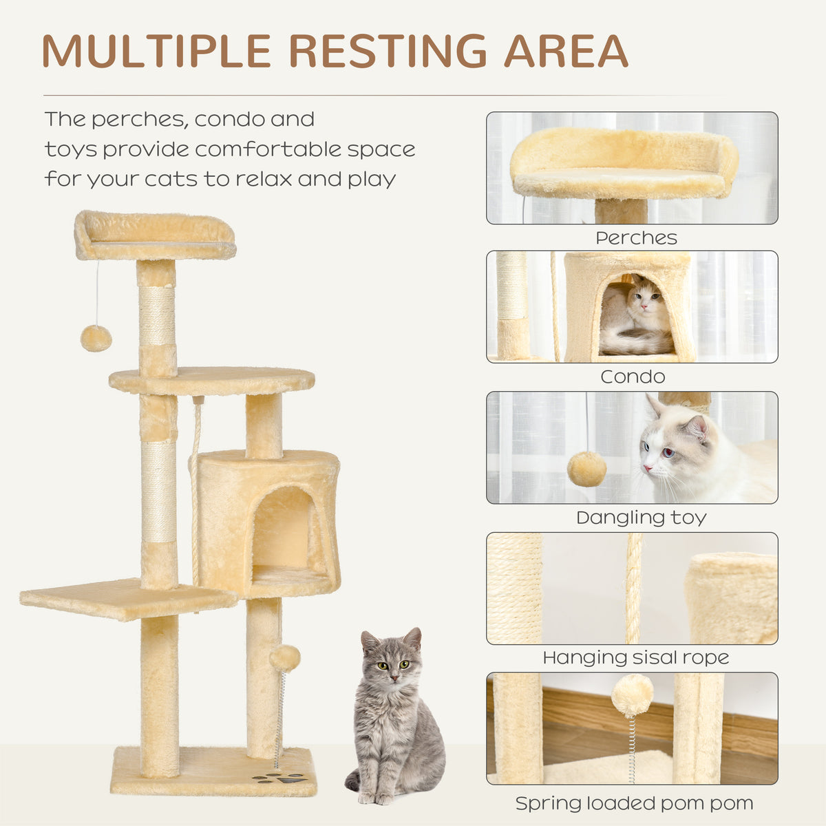 PawHut Cat Tree with Condo & Toys – Beige, 114cm – product view 5