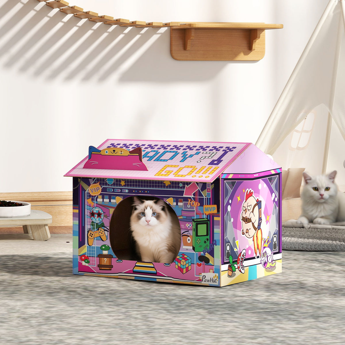 PawHut Arcade Cat House & Scratcher – Pink – product view 2