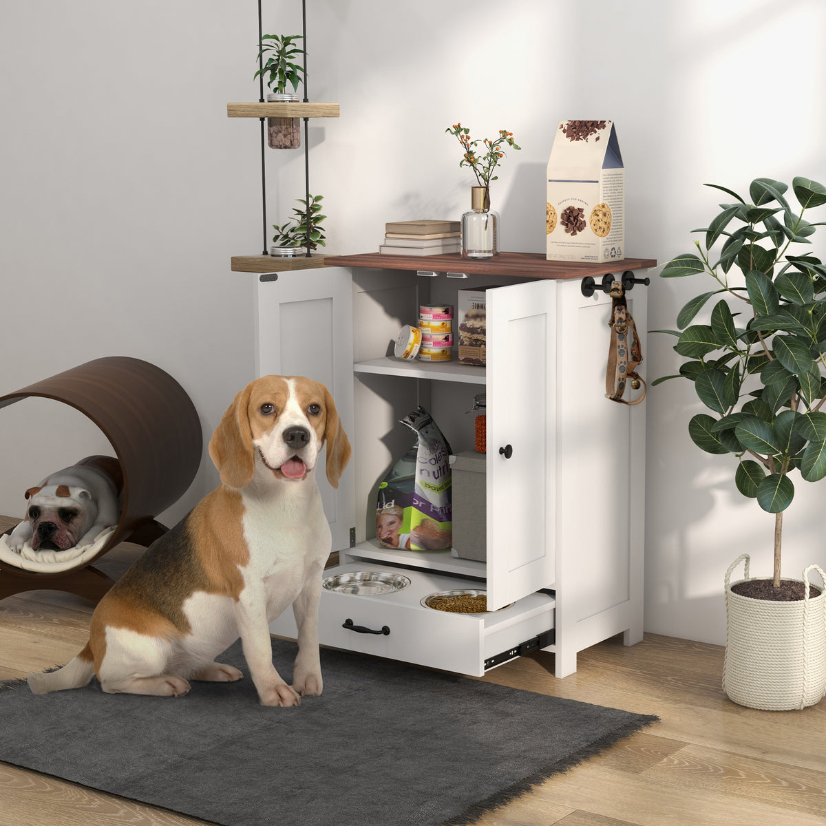 PawHut Feeding Storage Station with Hooks – White – product view 2