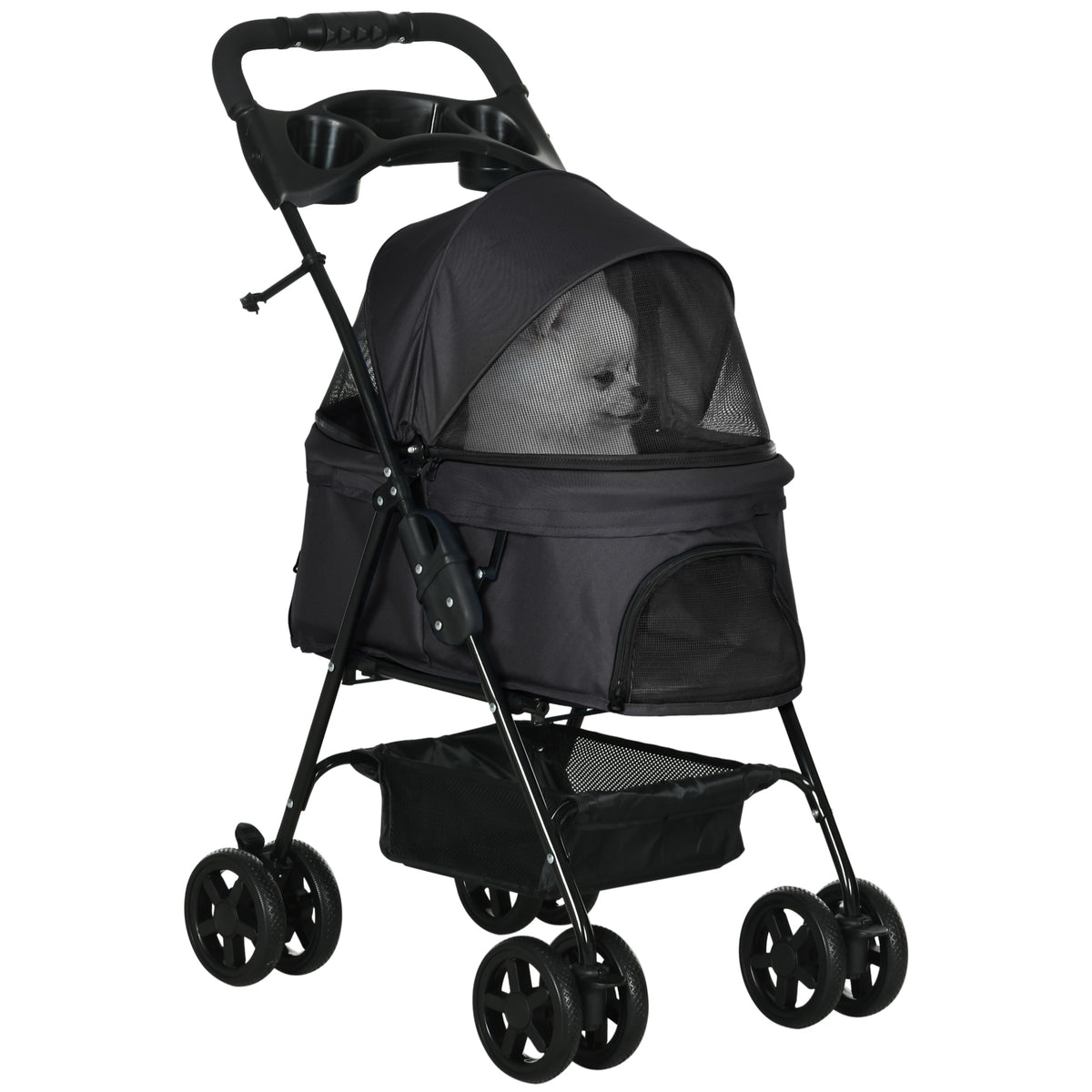 Four-wheel folding dog stroller – black – image 3