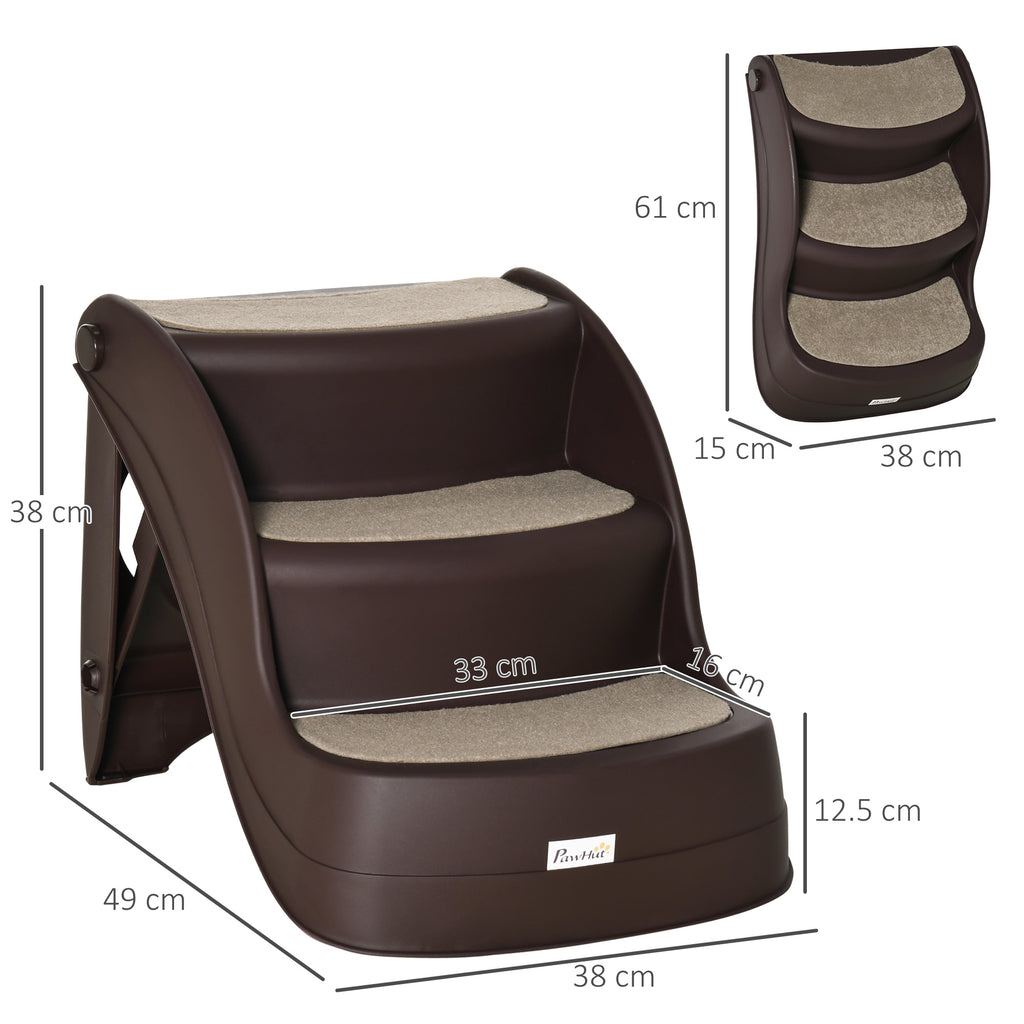 PawHut Folding Three-Step Pet Stairs – Brown – product view 3
