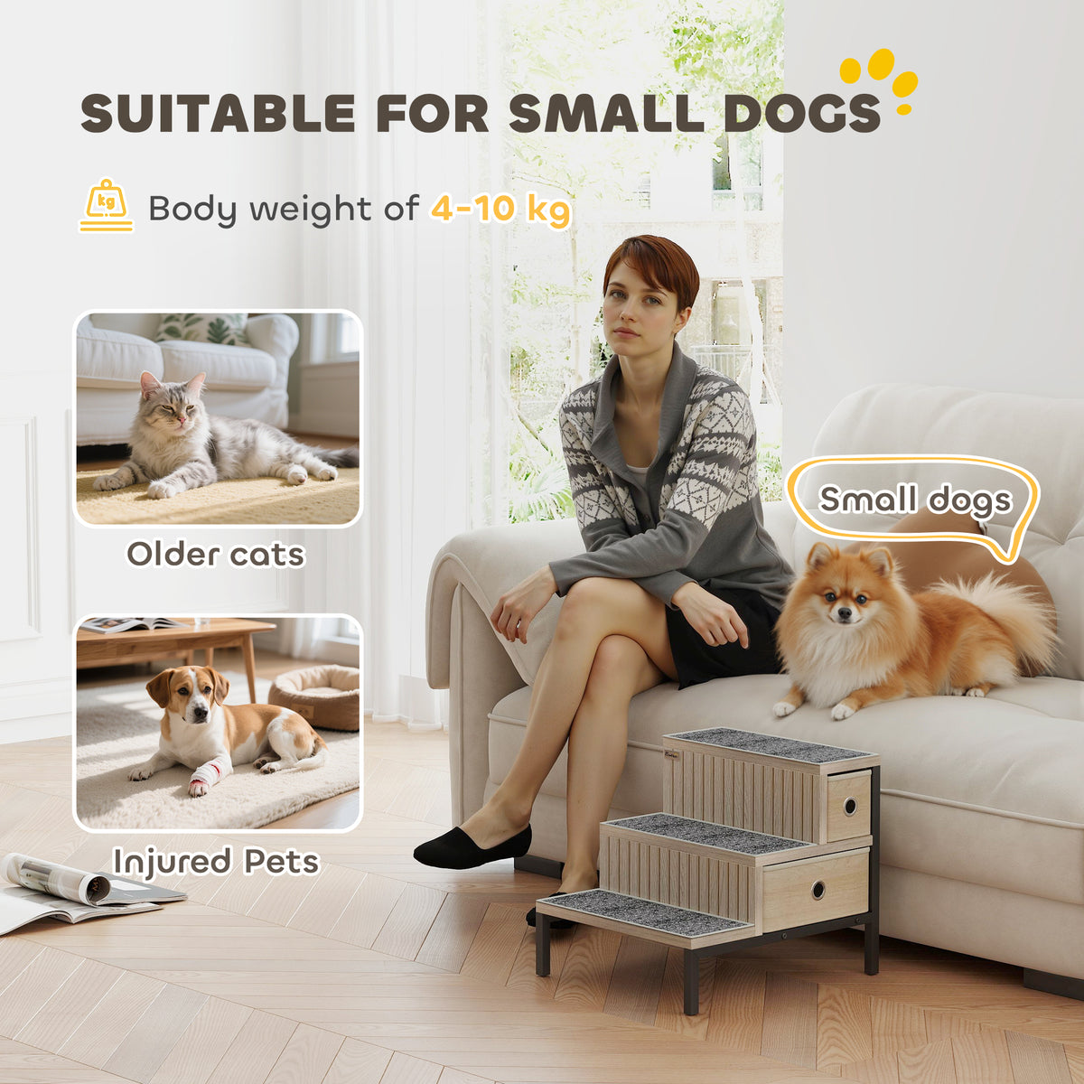 PawHut Pet Steps with Storage Drawers – Oak Tone – product view 4