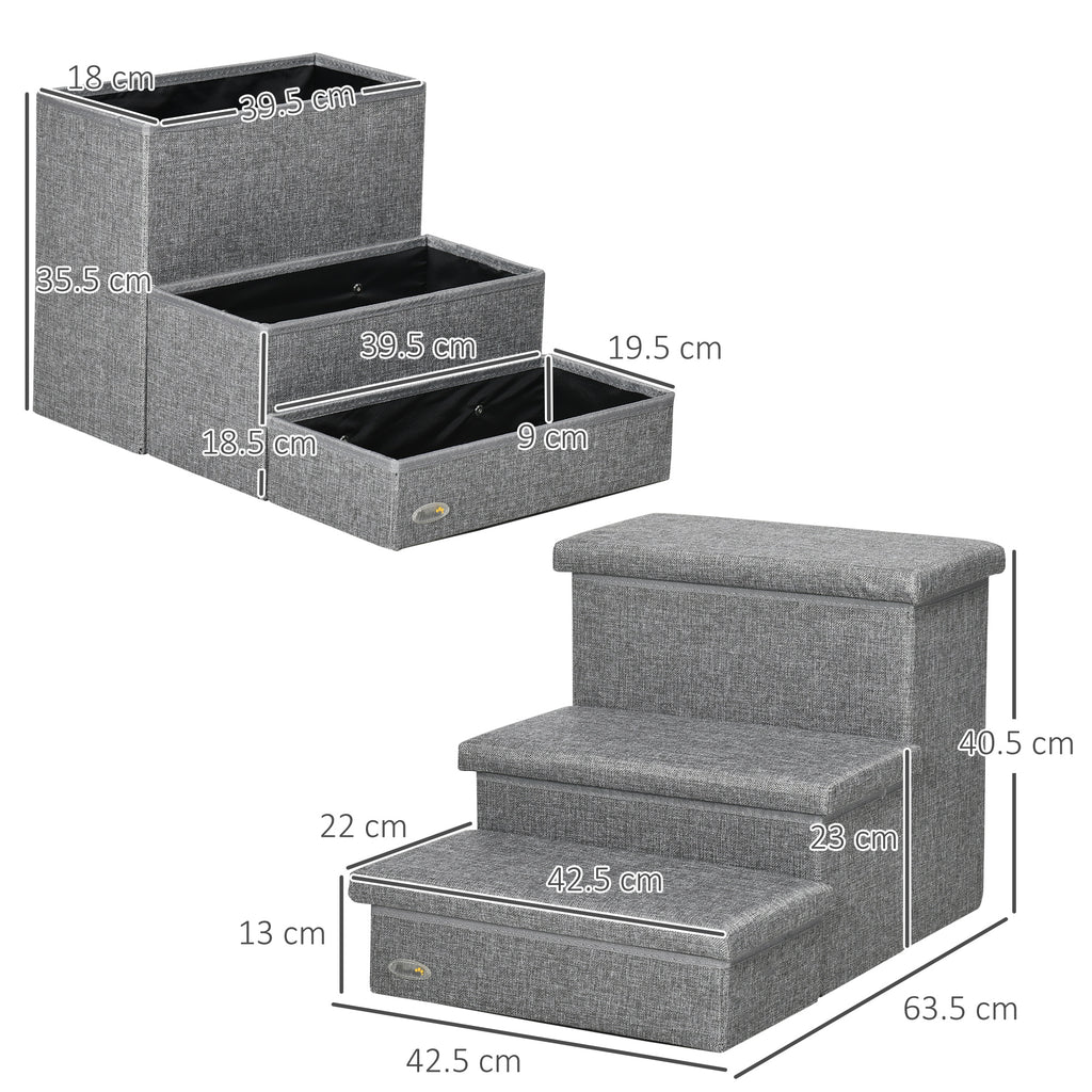 PawHut Three-Step Pet Stairs with Storage – Grey – product view 3