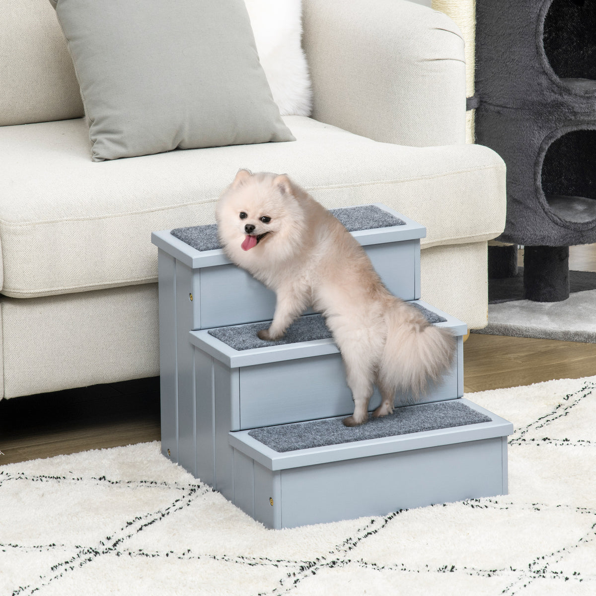PawHut Wooden Pet Steps with Storage – Grey – product view 2