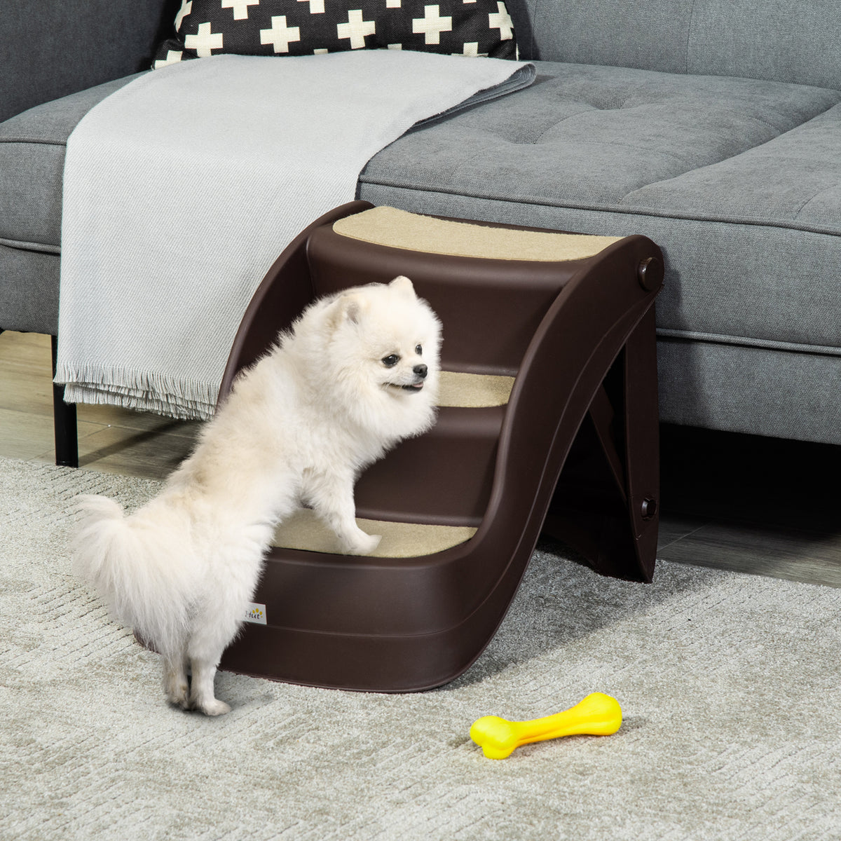 PawHut Folding Three-Step Pet Stairs – Brown – product view 2