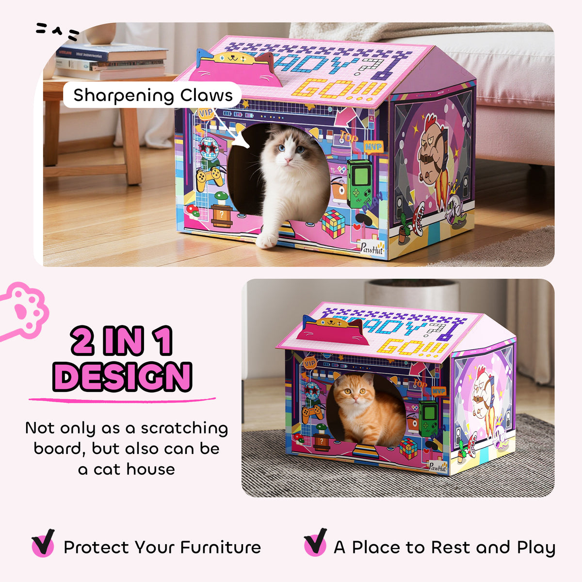 PawHut Arcade Cat House & Scratcher – Pink – product view 5