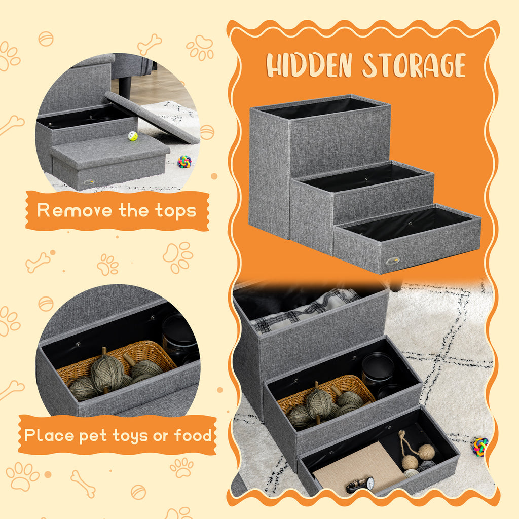PawHut Three-Step Pet Stairs with Storage – Grey – product view 5