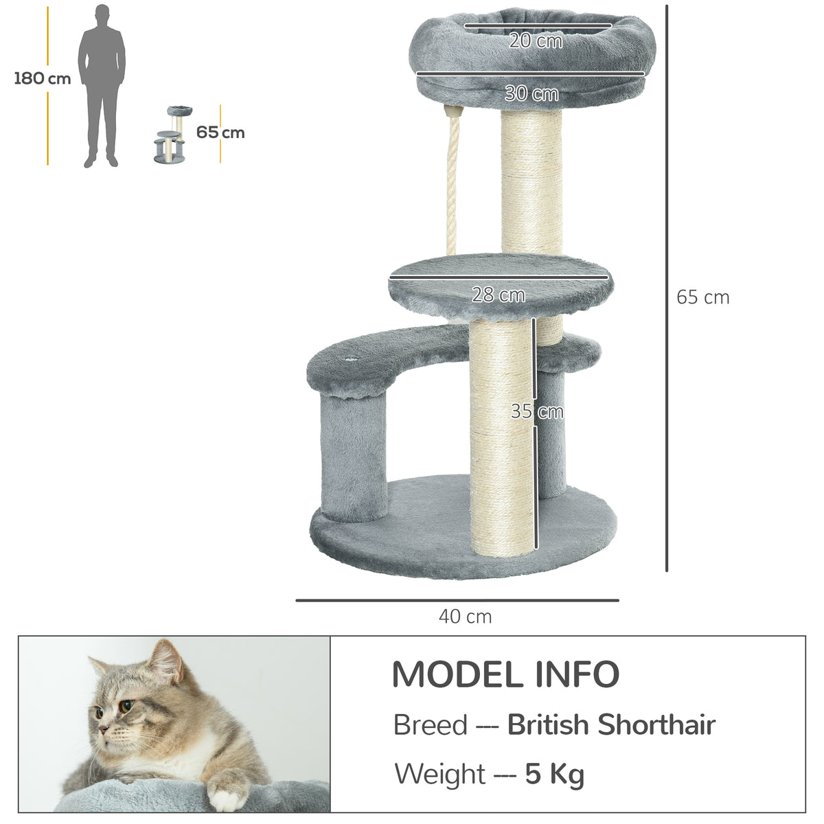 PawHut Kitten Cat Tree with Rope – Grey, 65cm – product view 3