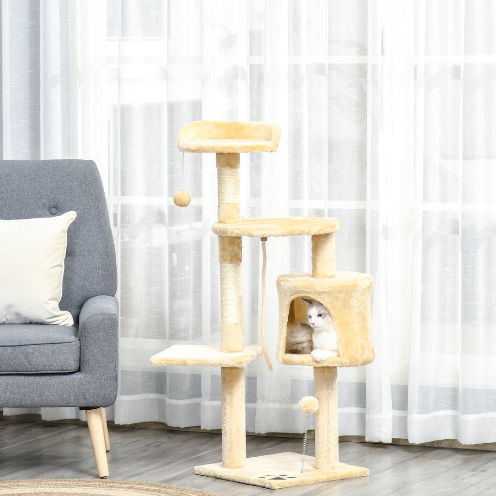PawHut Cat Tree with Condo & Toys – Beige, 114cm – product view 2