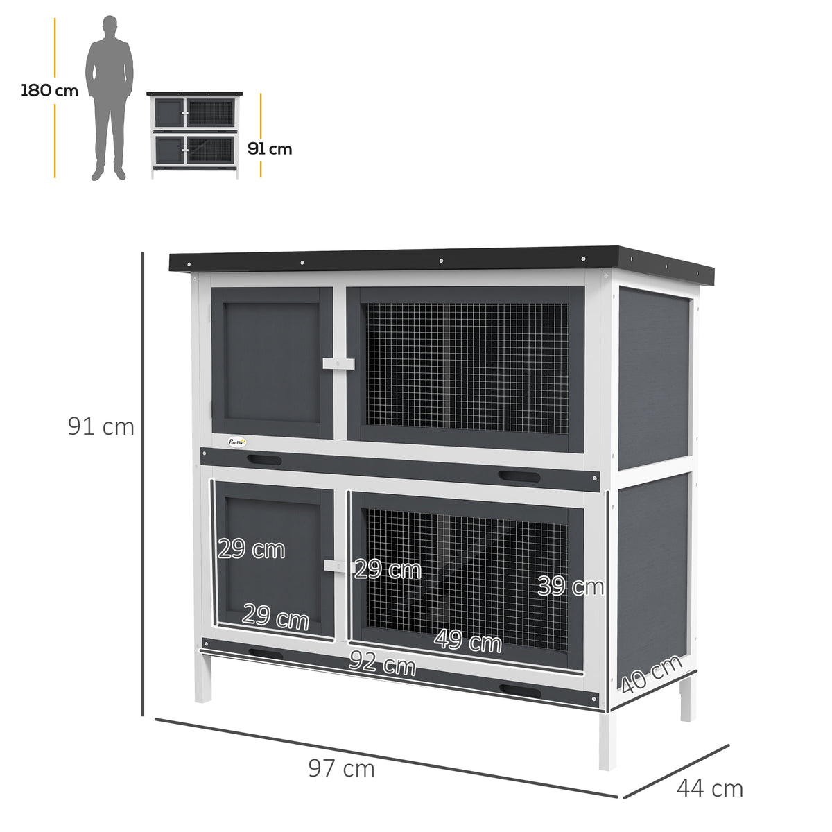 PawHut Two-Tier Rabbit Hutch – Grey, 97cm – product view 3
