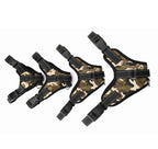 Camouflage dog harnesses displayed in four sizes