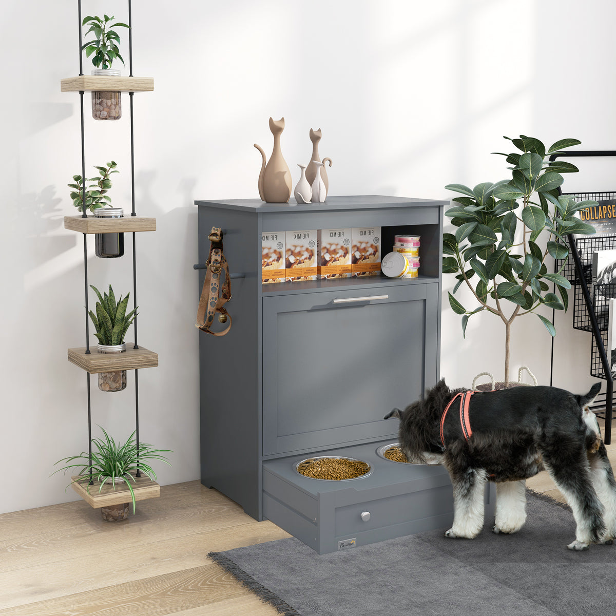 PawHut Pet Feeding Cabinet with Bowls – Grey – product view 2