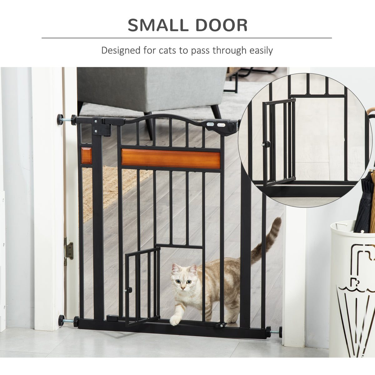 Auto-close pet gate with cat flap – black – image 2