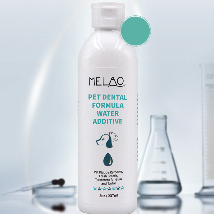 MELAO pet dental water additive, 237 ml bottle on a pale background