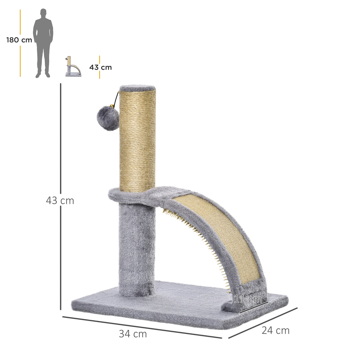 PawHut Compact Cat Scratch Tree – Grey, 43cm – product view 3
