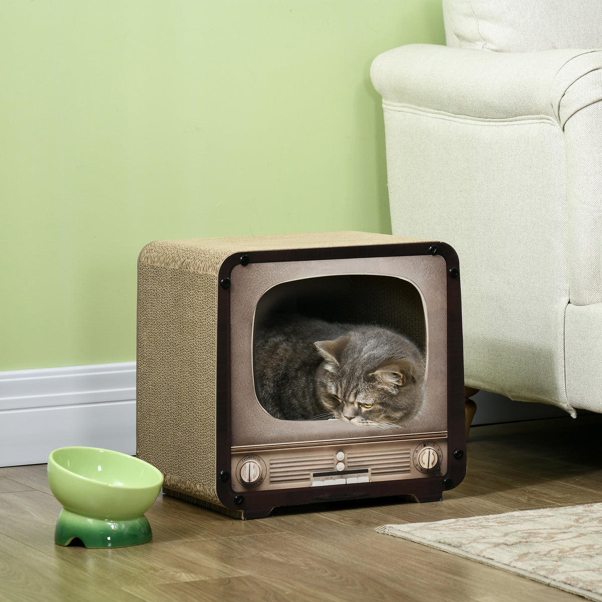PawHut TV-Shaped Cardboard Cat House & Scratcher – product view 2