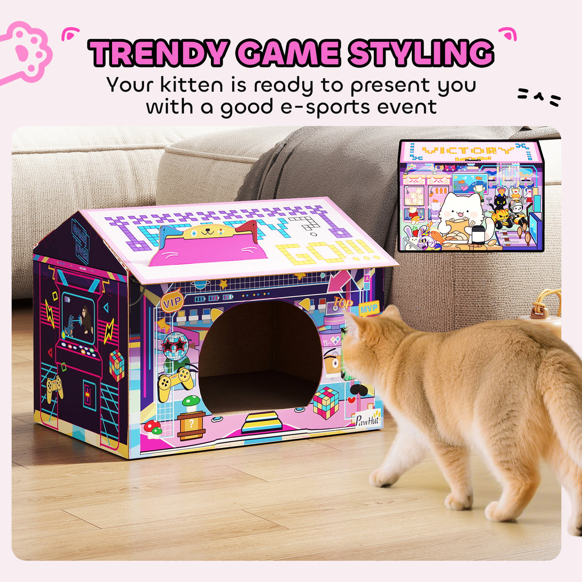 PawHut Arcade Cat House & Scratcher – Pink – product view 4