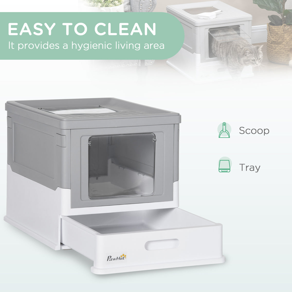PawHut Hooded Cat Litter Box & Scoop – Grey – product view 4