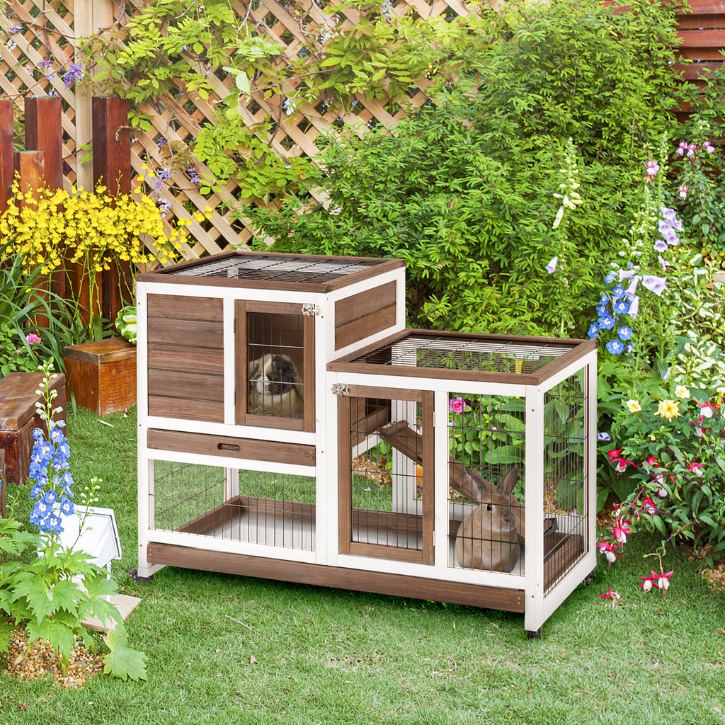 PawHut Two-Tier Rabbit Hutch on Wheels – 110cm – product view 2