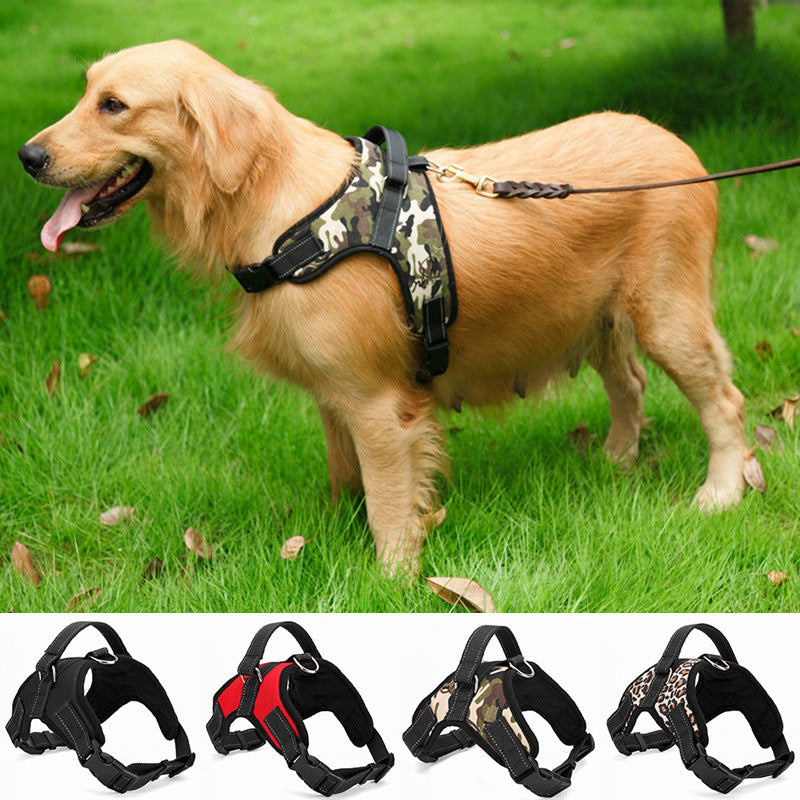 Dog wearing a camouflage nylon harness outdoors, with colour options below