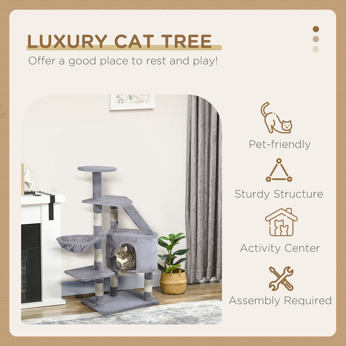 PawHut Cat Tree with Condo & Basket – Grey, 125cm – product view 4