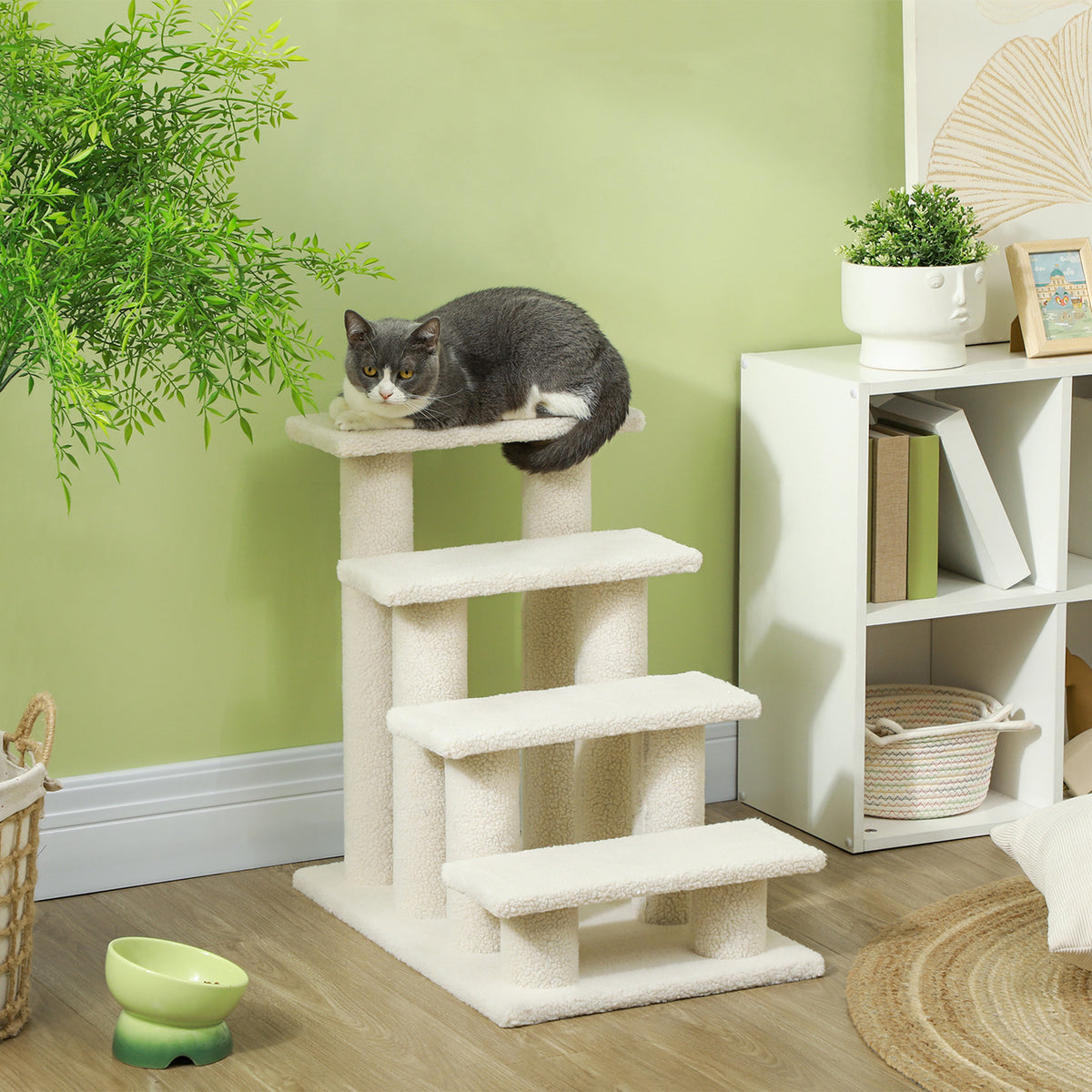 PawHut Four-Step Plush Pet Ladder – Cream, 60cm – product view 2