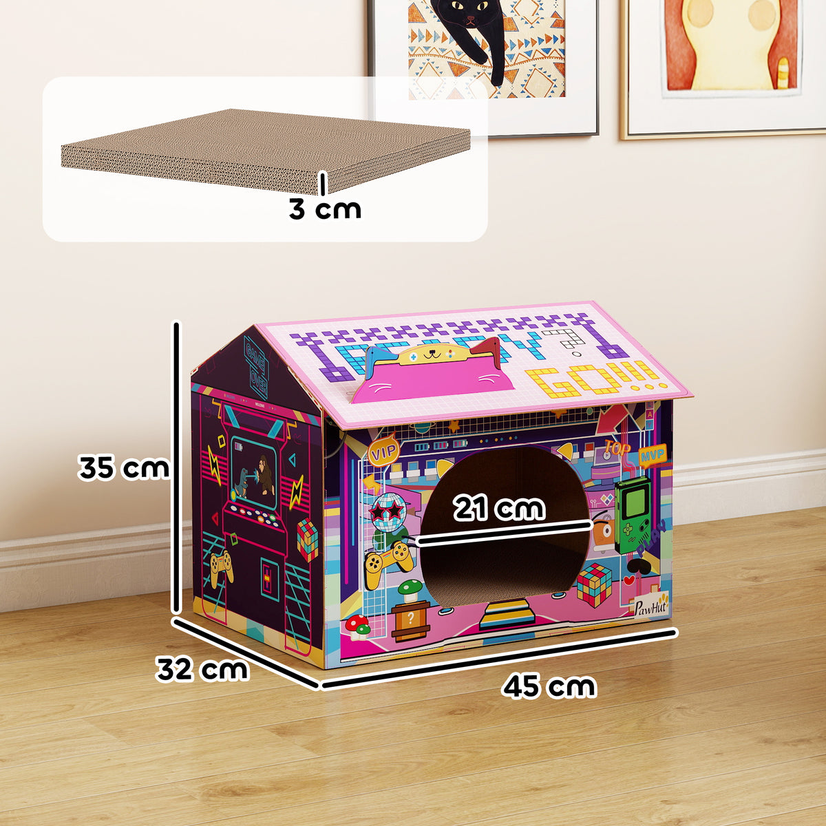 PawHut Arcade Cat House & Scratcher – Pink – product view 3