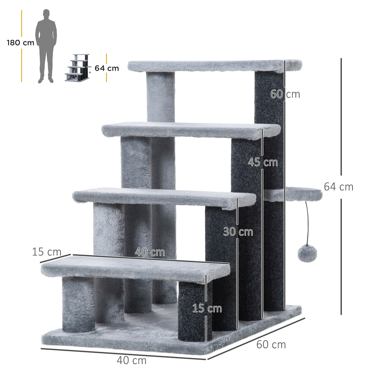 PawHut Four-Step Cat Ladder with Scratch Posts – product view 3